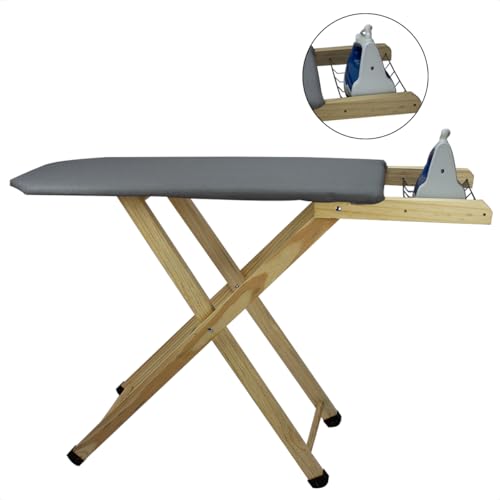 Tábua de Passar Roupa Dobrável, Estrutura de Madeira, com Porta-Ferro, Cor Cinza