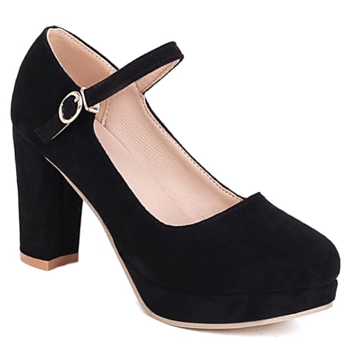 Women's Chunky High Heels Pumps Shoes Round Toe Platform Suede Buckle Strap Mary Jane Dressy Shoe