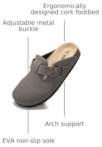 Image of Women Suede Clogs Casual Slip On Potato Mule Slippers | Soft Suede Upper, Arch-Support Cork Insole, Adjustable Buckle, Anti-Slip Sole