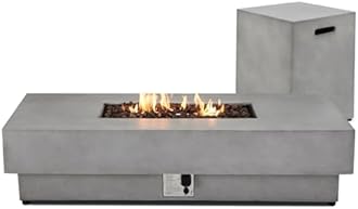 2 Pieces 60-Inch Outdoor Propane Fire Pit Table w/Tank Cover - 50,000 BTU, Concrete Rectangle Firepits | Integrated Ignition, Steel Lid, Lava Rocks & Rain Cover Included