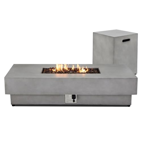 2 Pieces 60-Inch Outdoor Propane Fire Pit Table w/Tank Cover - 50,000 BTU, Concrete Rectangle Firepits | Integrated Ignition, Steel Lid, Lava Rocks & Rain Cover Included