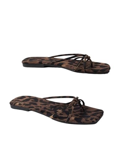 GORGLITTER Women's Leopard Cheetah Print Flip Flops Square Open Toe Strappy Dressy Flat Sandals Slides
