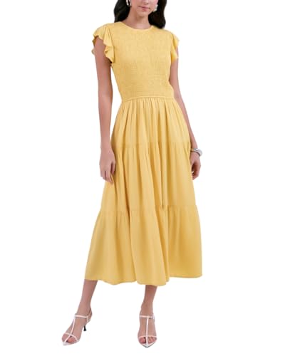 SIXDO G-Yellow Butterfly Sleeves Woven Flared Dress, Casual Spring Summer Dress S