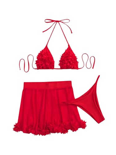 OYOANGLE Women's 3 Pieces Swimsuit Halter Triangle Bikini Swimsuit with Mesh Beach Skirt Cover Up2