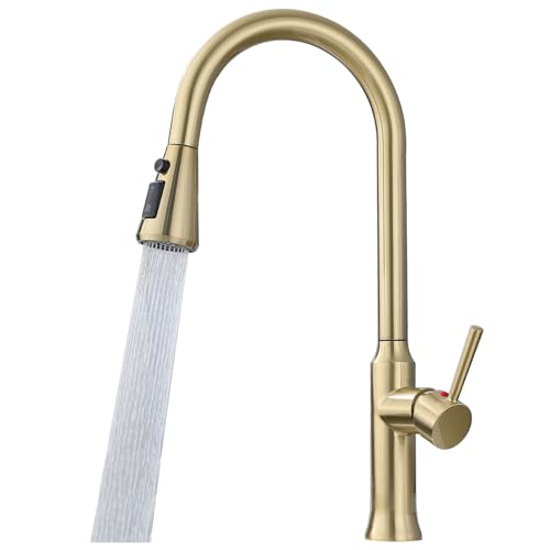 EUJOISE Grifo de Cocina Dorado Cepillado con Extensible Ducha-Extraible 3 Patrones de Rociado Giratorio