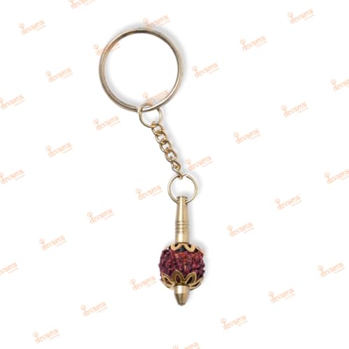 Image of Brass Gada Keyring with Rudraksh /Hanumanji Mace - Lord Hanuman Inspired Key Chain for Car, Bike & Home - Spiritual Religious Gift Accessory