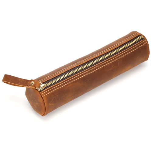 Image of ECHSRT Genuine Leather Pencil Pouch, Classic Cylinder Pen Bag - Brown | Full-Grain Cowhide Leather, Crazy Horse Finish, Single Zipper, Vintage Pen Organizer for Adults