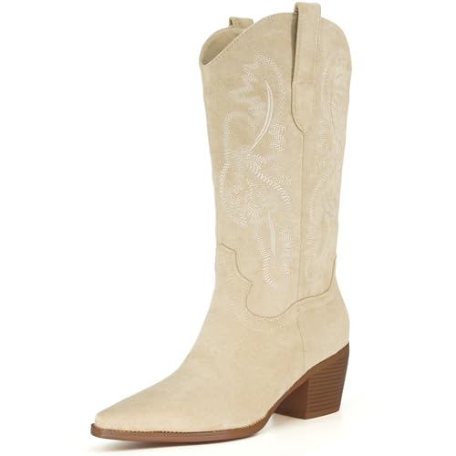 Image of iiimmu Cowgirl Boots Women Knee High Boots Pointed Toe and Block Heel Cowboy Suede and Faux Leather Boots with Embroidered