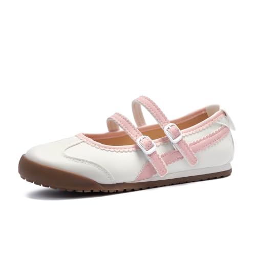 Ballet Sneakers Two Strap Rounded Toe Mary Jane Shoes for Women, Pink, 9.5