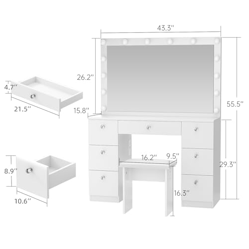 VOWNER Vanity with Lighted Mirror - Makeup Vanity Desk with Power Outlet and 7 Drawers, 3 Color Lighting Modes Adjustable Brightness, 44" Vanity Table with Soft Cushioned Stool for Women Girls, White