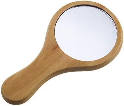 1 Piece Small Portable Wood Makeup Mirror Handmade Portable Handle Round Cosmetic Mirror with Single Handle Personal Vanity Cosmetic Wooden Handheld Mirror, 7.1x 13.5cm
