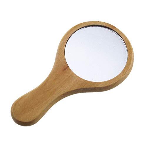 1 espejo de maquillaje portátil pequeño de madera hecho a mano, con mango portátil, redondo, con un solo asa, espejo de mano de madera, 7,1 x 13,5 cm