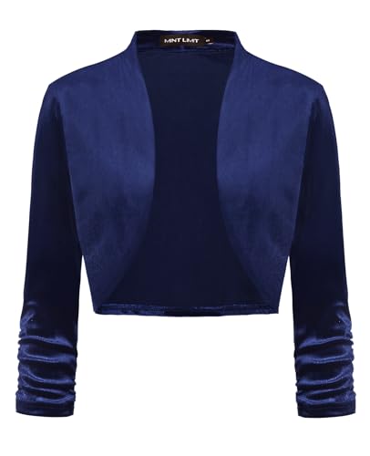 Image of MINTLIMIT Velvet Cardigans for Women's Evening Party Ruched 3 /4 Sleeve Open Front Crop Shrug Boleros (Navy, Size L)