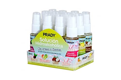 12 Spray Hidroalcohólico Prady con 6 Aromas: Piruleta, Chicle, Mango, Mora, Coco y Vainilla - Fabricado en España - 70% de Alcohol - Espray Desinfectante Gel Perfumado Niños Olor Golosinas Solución Cover