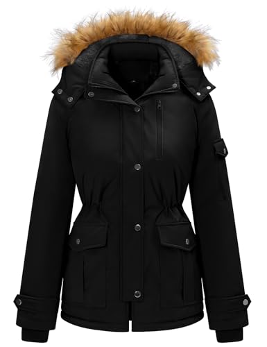 heekpek Damen Wintermantel Warm Wasserdicht Winterjacke Kurz Gefüttert Damenmantel mit Kapuze Winterparka Winddichte Fleecemantel Thermojacke mit 5 Taschen, Schwarz, S