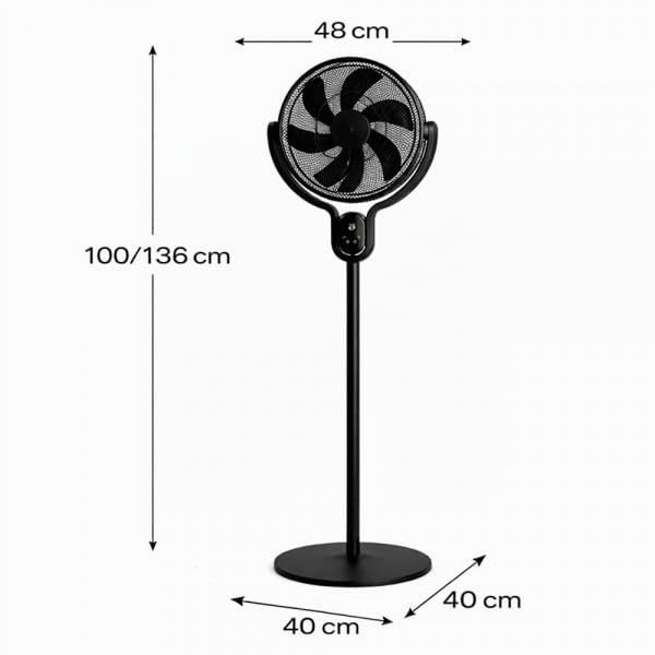 Bilake Ventilador de Pie Cadalso Diseño Interior Moderno | Motor DC 25W Ultra Silencioso 40dB | 9 Aspas 8 Velocidades | Oscilación 90º Mando a Distancia | Temporizador 12h | Altura 100-136cm (Negro)