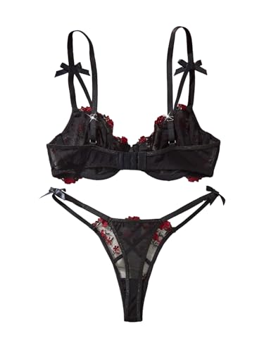 Image of Lilosy Sexy Cute Underwire Push Up Strappy Heart Embroidered Mesh Sheer Lingerie Set for Women See Through Bra and Panty 2 Piece Bow Flower Black Red Small