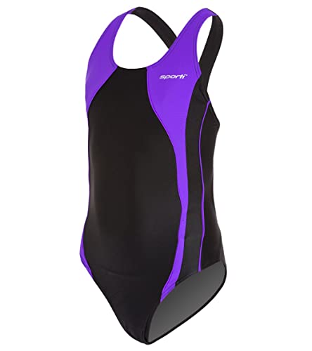 Sporti Girl's Athletic Wide Strap One Piece Swimsuit - Black/Purple - 24