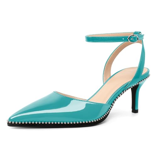 Image of SAMMITOP Kitten Heels for Women Low Heel Closed Toe Ankle Strap Pumps Wedding Party Beaded Dress Shoes 2.4 Inch