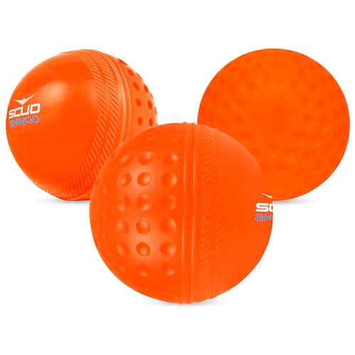 Image of SCUD Swingo Wind Ball for Cricket, Specially Designed for Swing, Dual-Surface Half-Dimple & Half-Smooth Design, PVC | 72.39mm Diameter,105g (Pack of 3pc Balls, Neon Orange)