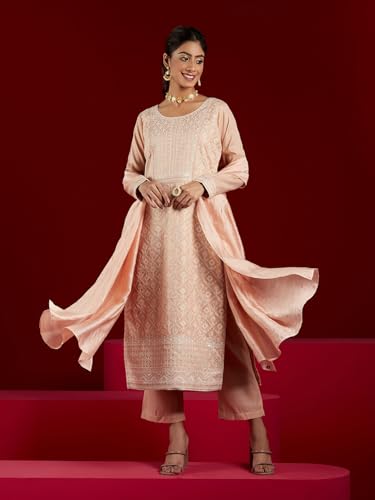Image of Libas ART Womens Embroidered Silk Blend Straight Kurta With Trousers and Dupatta | ethnic wear | bridal suit | wedding dress | occasion wear
