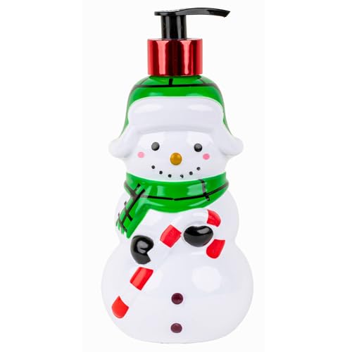 Image of Simple Pleasures Snow Frosting Hand Soap Dispenser - 16.9 fl oz Refillable Holiday Soap, Ceramic Snowman Design with Candy Cane & Green Scarf - Festive Winter Bathroom & Kitchen Decor Gift