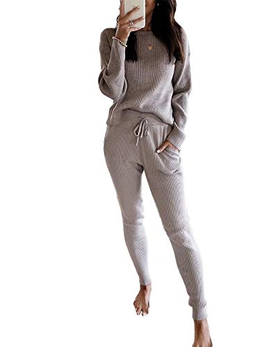 Eurivicy Women's Fall Rib Knit 2 Piece Outfit sets Long Sleeve Pullover Sweater Top and Drawstring Long Pants with Pockets