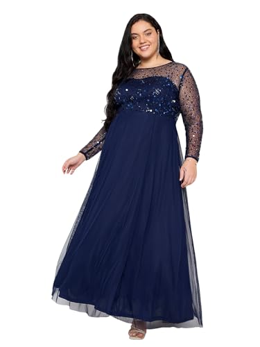 Image of wild U Women Plus Size Gown Dress | Embellished | Sequinned | Non Itch Finish | Sleeves | Cocktail (Navy Blue, Size: 3XL to 8XL)