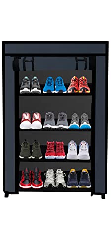 Image of Multi Utility 4 Layer Shelf Collapsible Metal Pipes with Non-Woven 100GSM Fabric Cover for Shoe /Cloth /Toy /Books Rack (Black, Metal)