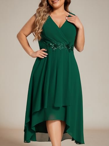Image of Ever-Pretty Plus Women's V Neck Applique Chiffon Pleated Sleeveless Midi Plus Size Cocktail Party Dresses