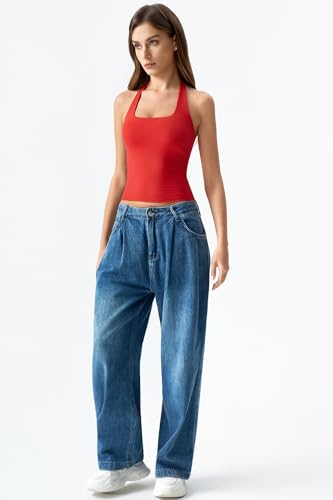 Image of QINSEN Womens Halter Top Double Lined Tank Top Sleeveless Open Back Slim fit Going Out Tops