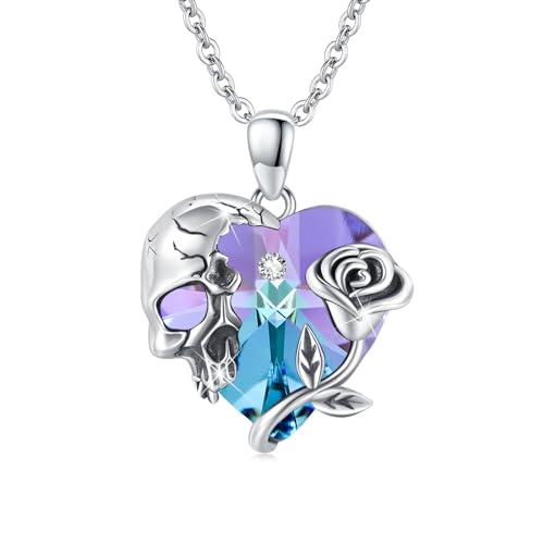 Skull Necklace Sterling Silver Gothic Heart Pendant Rose Birthstone Necklace Halloween Skull Jewelry Gift for Women Men