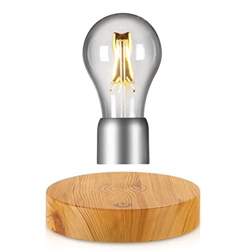 A light bulb that hovers and slowly spins in mid-air using magnetic levitation — no wires, no stand, just floating light.