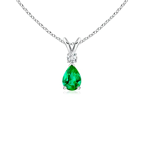 Angara Natural Emerald Solitaire Pendant for Women | Prong-Set Emerald Teardrop V-Bale Pendant with Diamond in 14K Solid Gold/Silver/Platinum | May Birthday, Anniversary, Gemstone Jewellery Gift
