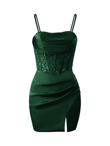 Verngo Women's Satin Spaghetti Straps Homecoming Dresses 2025 Short Sequin Mermaid HOCO Dress Emerald Green Slit Mini Cocktail Party Gown US2