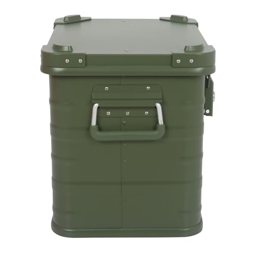 Alubox Alukiste abschließbar E31G OLIVGRÜN - Premium Lagerbox 31 Liter - Materialstärke 1mm - Deckel mit Aluminium Druckguss Stapelecken und Gummidichtung - inklusive Schlösser - lackiert