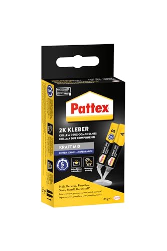 Pattex Kraft-Mix Extrem Schnell, extrem schnell härtender 2 Komponenten Kleber auf Epoxidharz Basis, 2K Kleber mit hoher Beständigkeit für viele Materialien, 2x12g Tube
