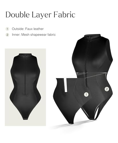 Popilush Leather Bodysuit for Women Tummy Control Shapewear Mock Turtleneck Thong Body Suits Zip Up Corset Top3