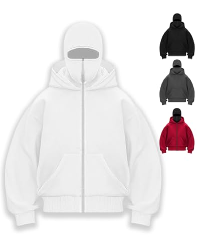 RIZUNTO Men's Balaclava Zip Hoodie Ninja Balaclava Jacket Double Hood Y2K Hoodie Fleece Windproof Transition Jacket Motor Bicycle,White,2XL