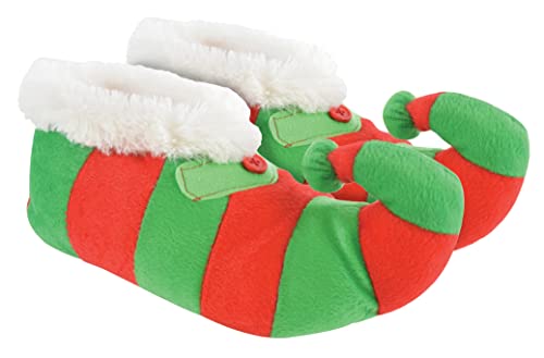 Novelty Childrens Christmas Elf Slippers | Funky Fleece Linied Red & Green Striped Xmas Slippers for Kids (M Red & Green medium)