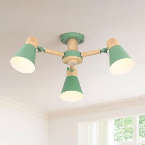 Schindora Verde Lampadario Camera Da Letto 3 Luci,Legno E Ferro Lampadario Soggiorno A Bracci Luminosi Regolabili lampadari E27 Ø55Cm Moderno Lampadario Cucina Per Letto Casa Camera Salotto