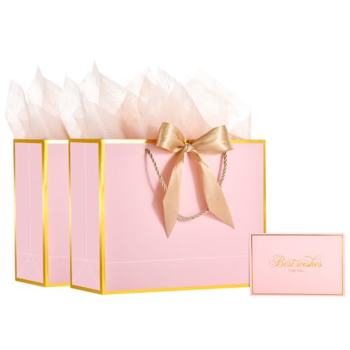 Image of Powbrace 13 inch Medium Pink Gift Bag Set with Handle - 2 Bags Featuring Bows, 4 Tissues, and 2 Greeting Cards for Wedding, Baby Shower, Father's Day, Mother's Day, Birthday Party