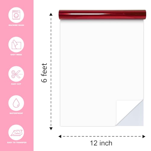 Image of Red Heat Transfer Vinyl Roll, 12 inch x6Ft Mirror Metallic Iron on Vinyl, Soft Metallic Foil HTV for T-Shirt, Chrome HTV Easy to Cut & Weed for Heat Vinyl Design