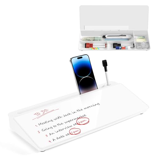 VUSIGN Glass Desktop Whiteboard with Storage, Small Organizer Dry Erase Board Desk Board Buddy White Board, Desktop Computer Pad for Notetaking, Desk Whiteboard for Office, Home, School Supplies