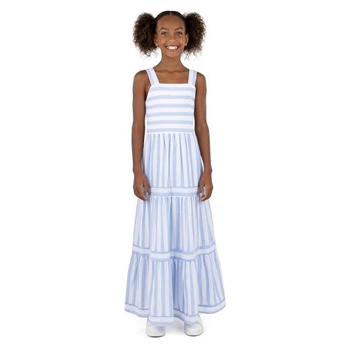Speechless Girls' Striped Cotton Voile Maxi Dress with Smocked Back,Blue/White,14