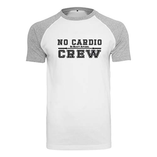 GO HEAVY Herren Sport Baseball Trainingsshirt | T-Shirt Gym Fitness| Aufdruck No Cardio Crew | Weiß/Hellgrau M