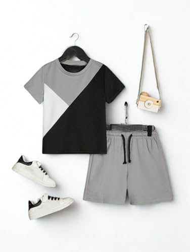 Image of Ayzozuy Boy Clothes Colorblock Top + Drawstring Waist Shorts 2 Pieces Kid Summer Outfits Set