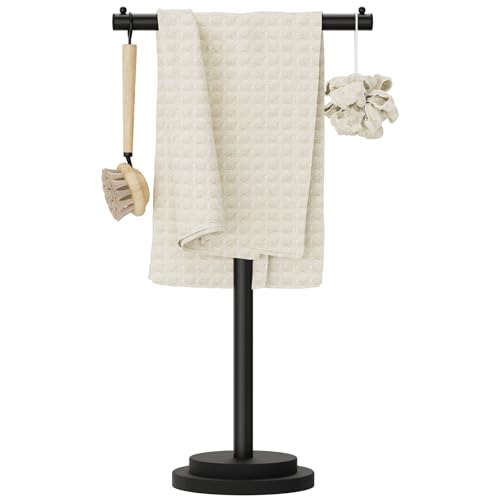 GUOHNHE Porta Asciugamani da Terra a Forma di T, Altezza Regolabile Portasciugamani in Acciaio Inox, Organizzatore per Bagno, (46-80) x 41 x 24 cm, Nero, Set da 1, GMJJ001B-1