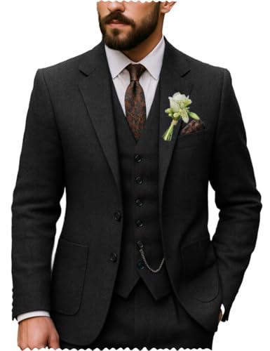 Men's Tweed Herringbone Slim Fit Suit 3 Piece Blazer Vest Pants for Wedding Grooms
