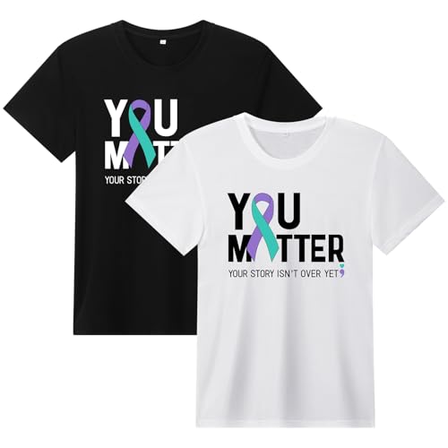 Mepase 2 Pack Suicide Prevention Awareness T-Shirt for Men Women Teal & Purple Ribbon You Matter T-Shirt Soft Cotton Fabric for Suicide Awareness Accessories, White, Black